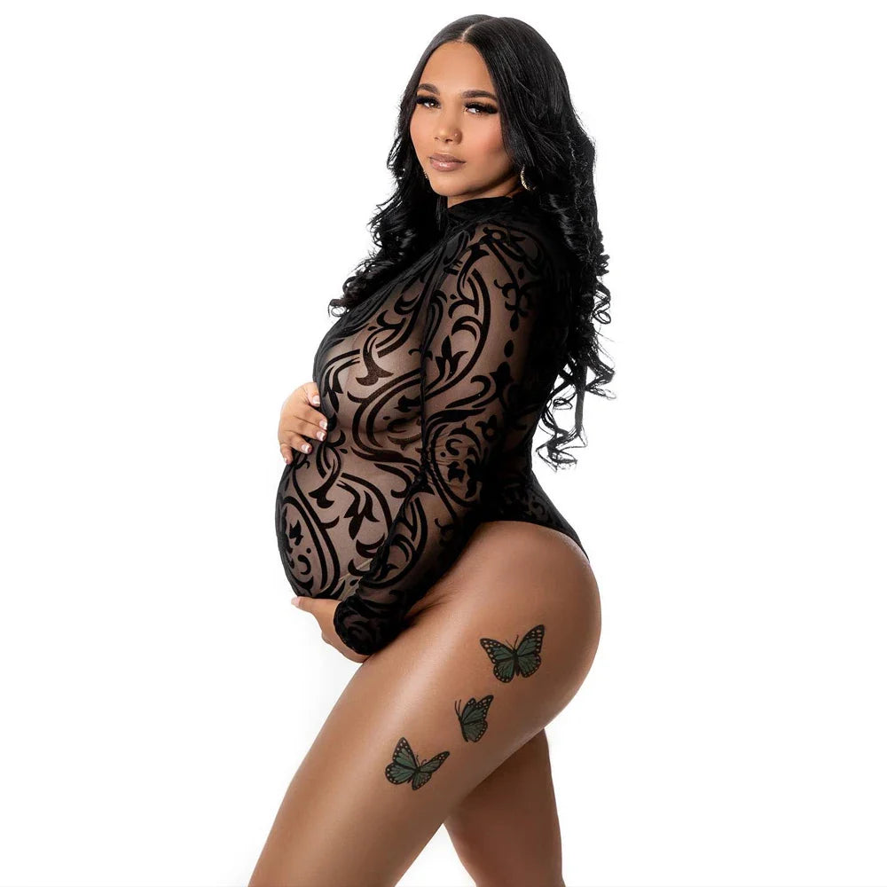 MQTIME - Sexy Elastic Maternity Photography Props Jumpsuit Perspective Mesh Lace Bodysuit Photo Shoot Photography Clothing For Women