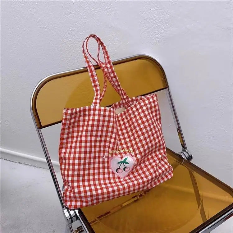 nvxiot - Plaid Red Canvas Shoulder Bag Women Summer Large Capacity Casual Handbags Ladies Vintage Harajuku Cute Tote Bag Y2k