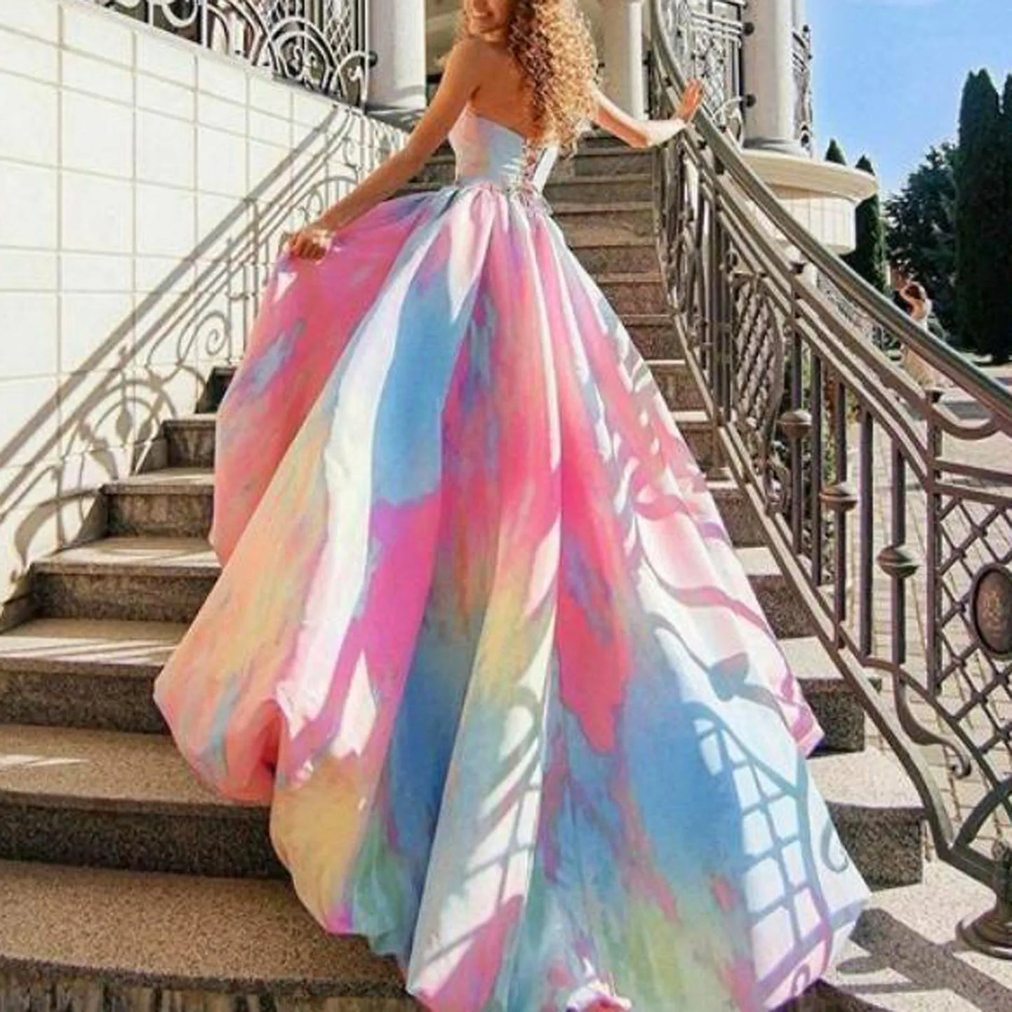 MQTIME - Fashion Sexy Girls Birthday Dress Rainbow Frock Pleated Backless Lace Up Strapless Maxi Party Evening Dress Cocktail Femme Robe