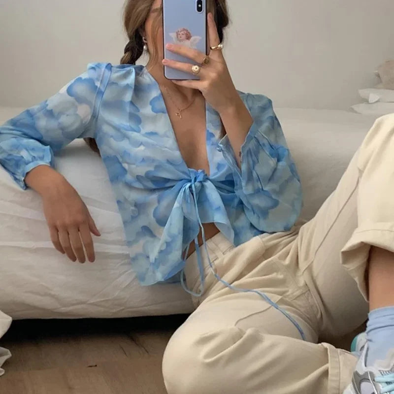 MQTIME - Tie Dye Print Long Sleeve Crop Top Women Bandage Y2K Sexy Ruffles Blue V Neck 2024 New Summer Spring Casual T Shirts 90s Vintage