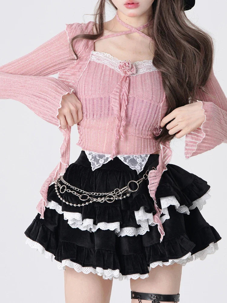 MQTIME - Black Velvet Ball Gown A-line High Waist Mini Women Skirt with Lace Gothic Style Pleated Skirts Korean Fashion Clothing