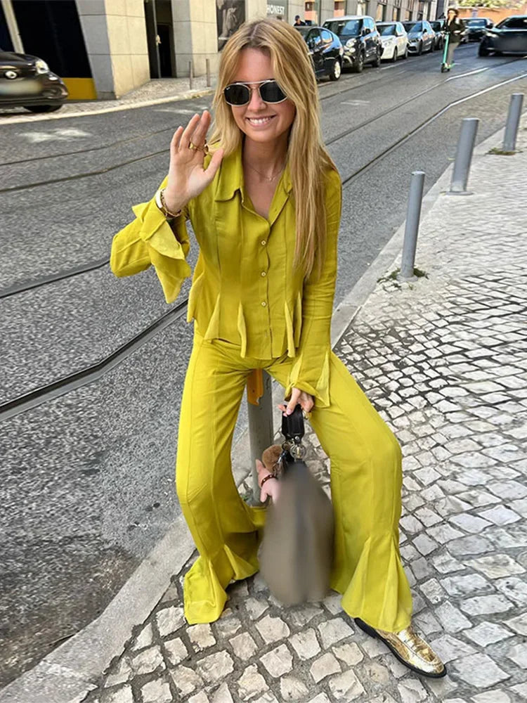nvxiot - Elegant Solid Trumpet Pants Shirt Set Women Fashion Lapel Buttons Flared Long Sleeves Shirt Pants Suit Chic Lady Street Outfits