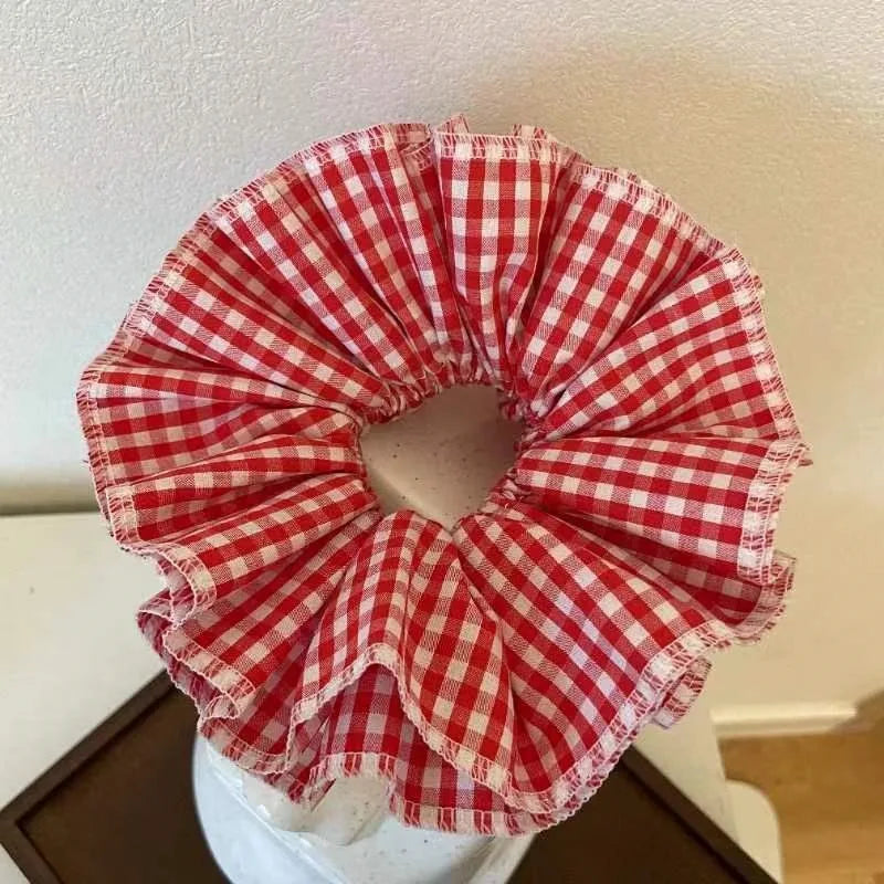 nvxiot - Lace Large Intestine Hair Scrunchies Women Double Layer Plaid Cotton Elastic Headwear Fashion Styling Sweet Hair Accessories