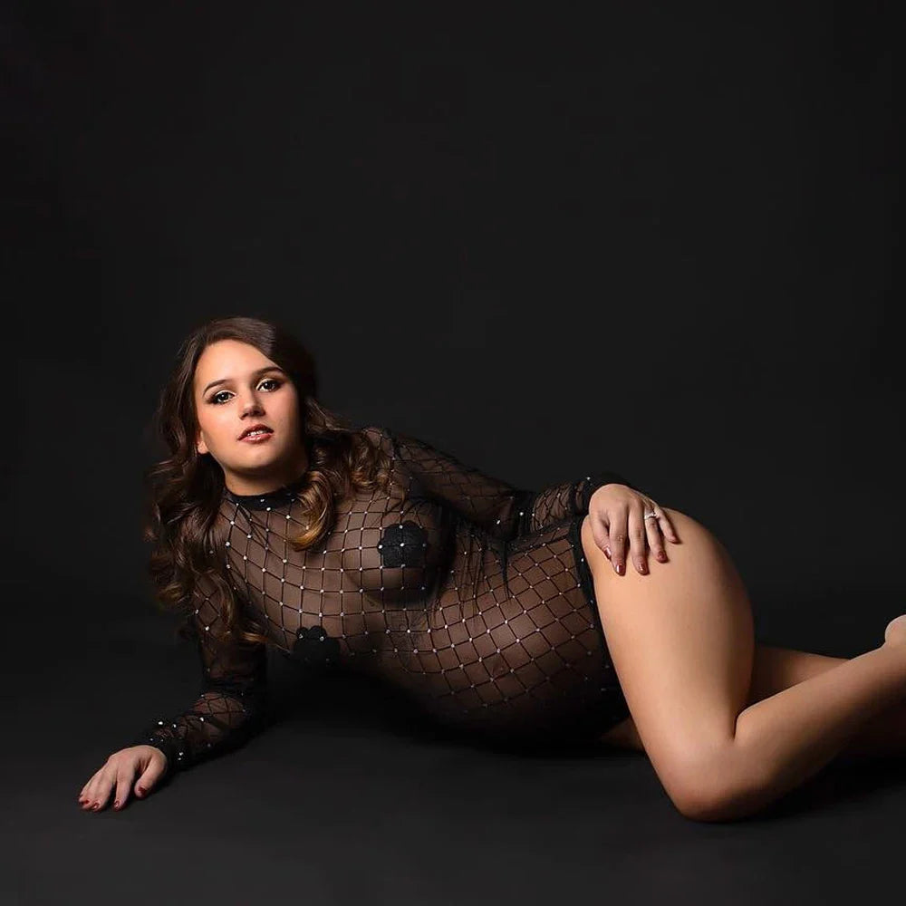MQTIME - Sexy Elastic Maternity Photography Props Jumpsuit Perspective Mesh Lace Bodysuit Photo Shoot Photography Clothing For Women