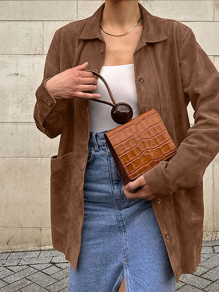 MQTIME - Fashion Suede Turn Down Collar Coat for Women Casual Single Breasted Pocket Loose Female Jackets 2024 Autumn Winter Lady Coats