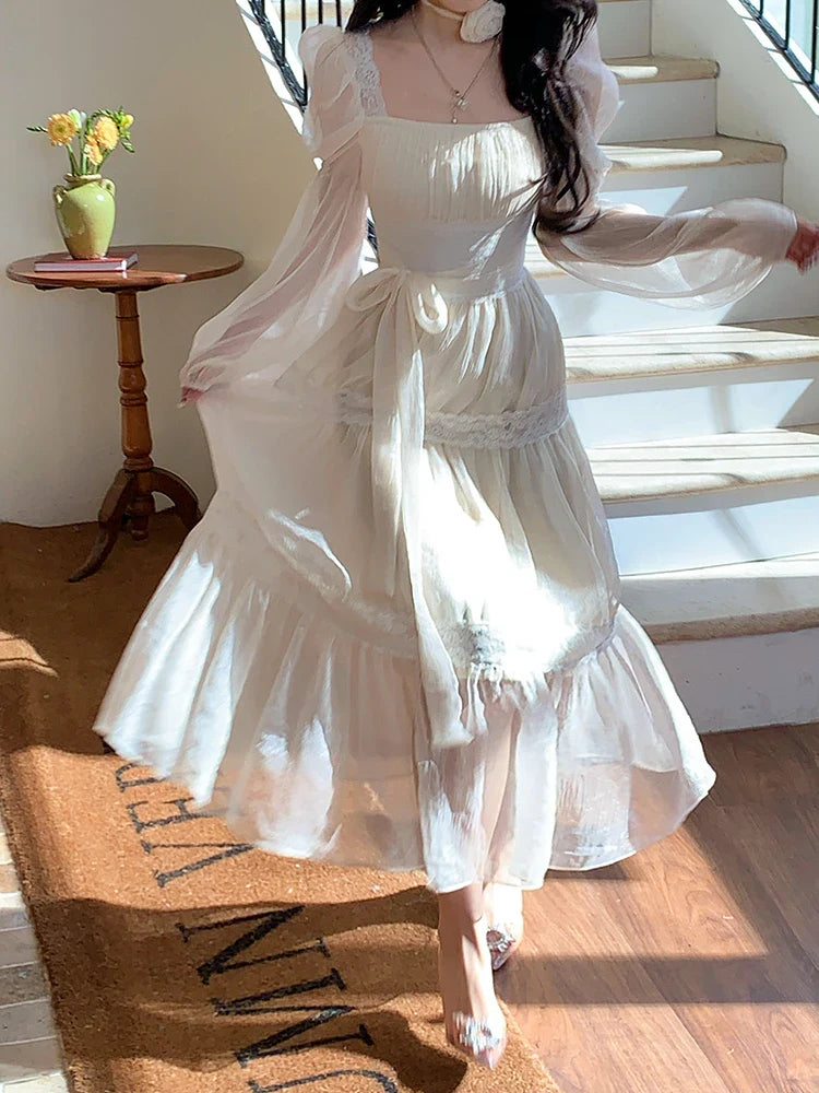 MQTIME - 2024 Summer Woman French Elegant Lace Midi Dress Party Long Sleeve Korean Fashion Dress Beach Chiffon Fairy Slim Dress Chic