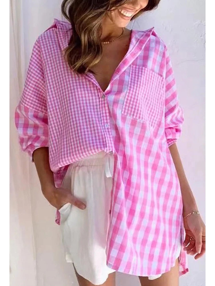 nvxiot GypsyLady Plaid Elegant Chic Blouse Shirt Boyfriend Spring Autumn Women Blouse Green Pink Long Sleeve Casual Holiday Ladies Tops