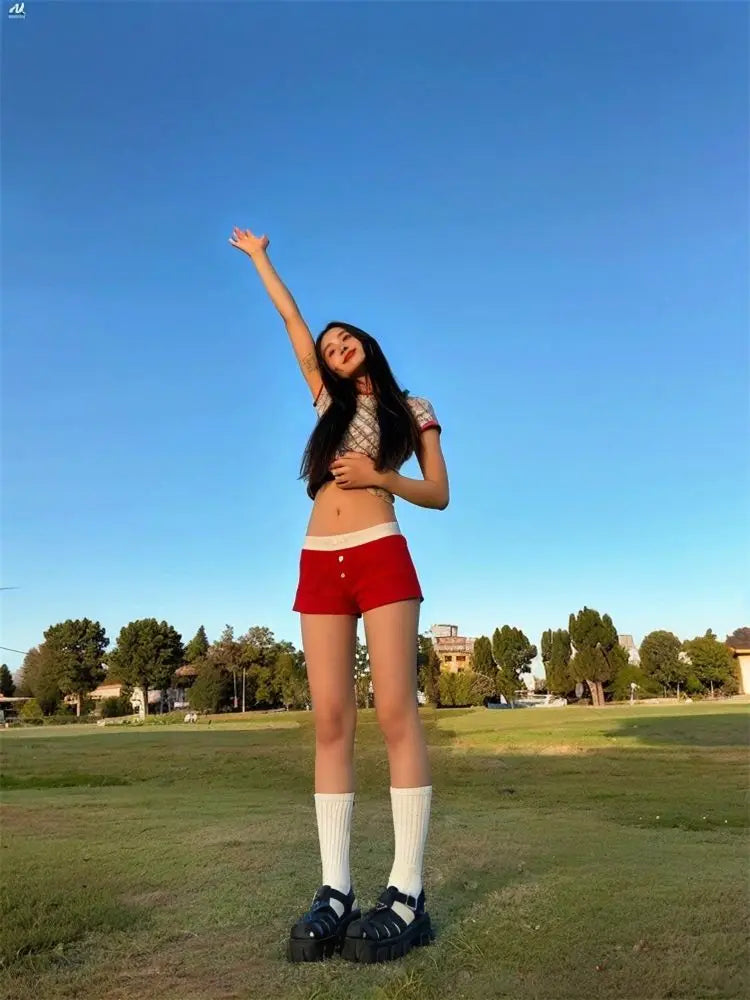 MQTIME - Spring and Autumn New Fashion Knitted Red Shorts Women Straight Barrel Spliced High Waist Wrapped Hip Spicy Girl Tight Hot Pants