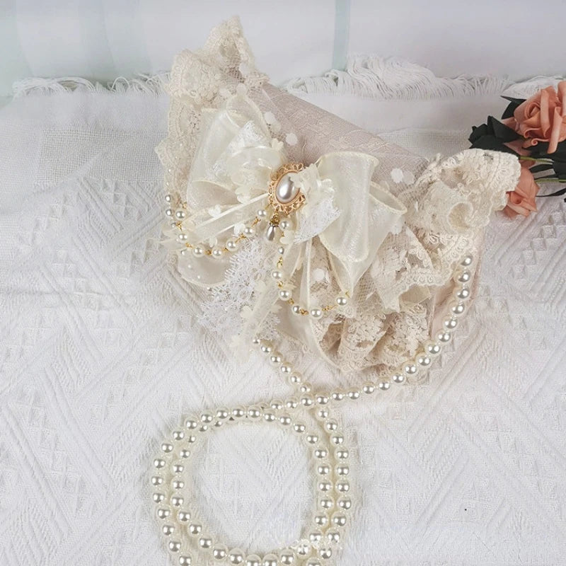 nvxiot Lolita Gentle Girls Shoulder Bags Elegant Sweet Lace Bow Women's Handbags Fashion Cute Pearl Chain Top-Handle Y2k Aesthetic