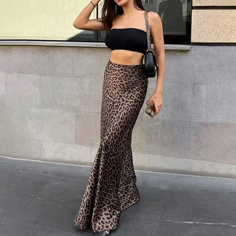 MQTIME - Women Elegant Long Leopard Skirt for Summer New Fashion Women Retro Floor Slim Skirts Women Long Leopard Print Skirts