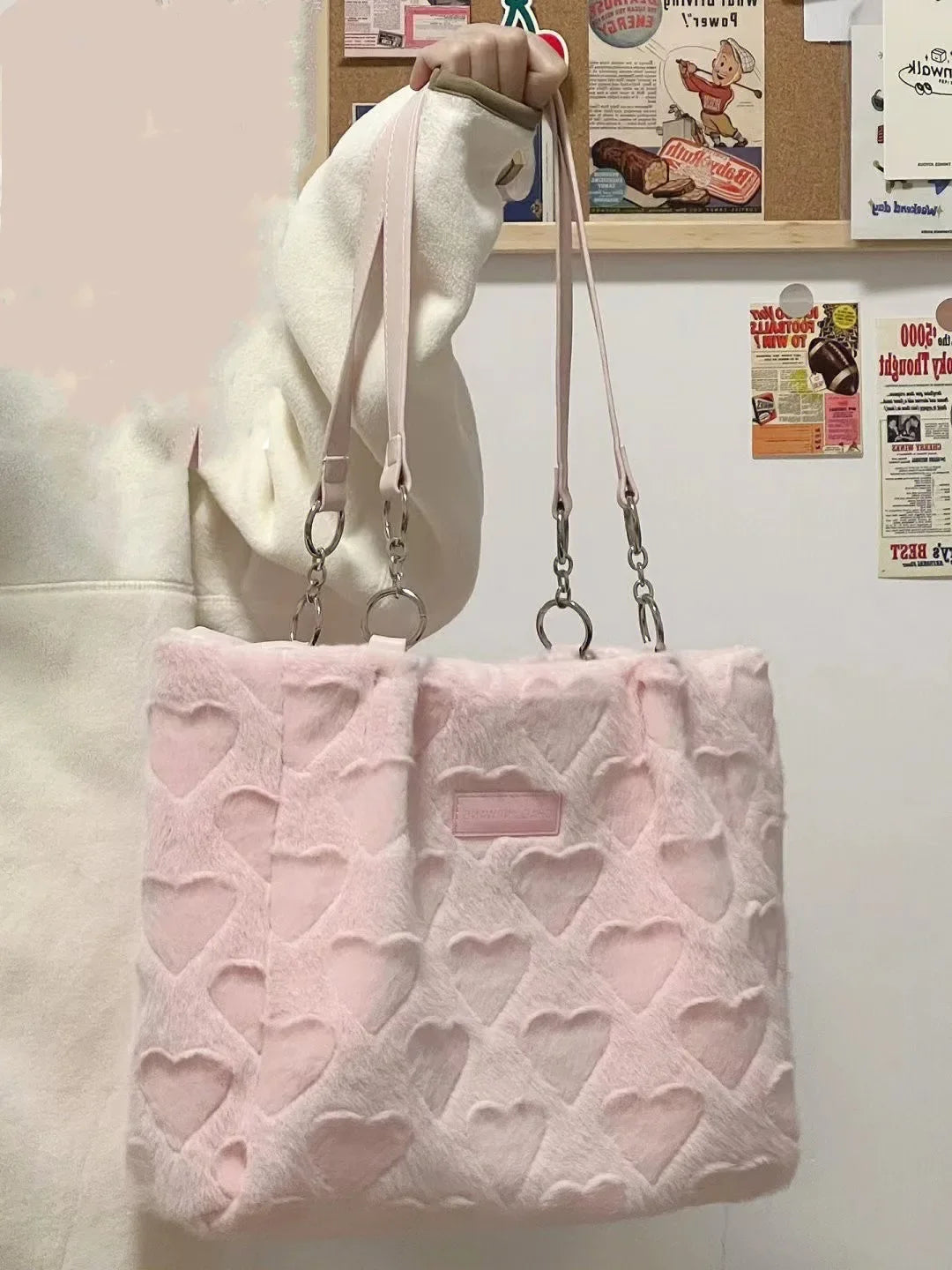nvxiot Cute Furry Women's Casual Tote Bags Love Heart Ladies Sweet Shoulder Underarm Bags Solid Color Female Fashion Plush Handbags