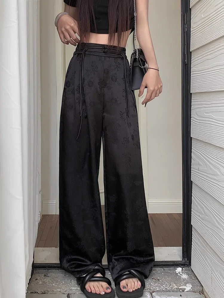 nvxiot - Satin Flower Graphic Long Pants Women Elastic High Waisted Wide Leg Pants Chinese Style Fashion Summer Loose Trousers
