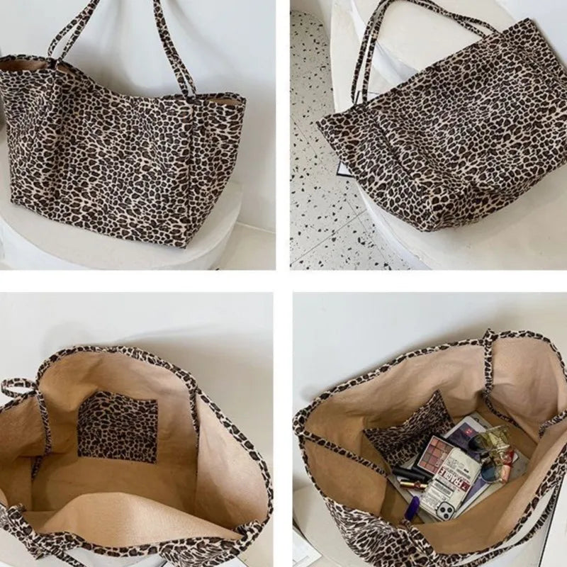 MQTIME - Vintage Leopard Print Tote Bag Handbag Women Retro Large Capacity Casual Shoulder Bags Female Harajuku Canvas Y2k Bags