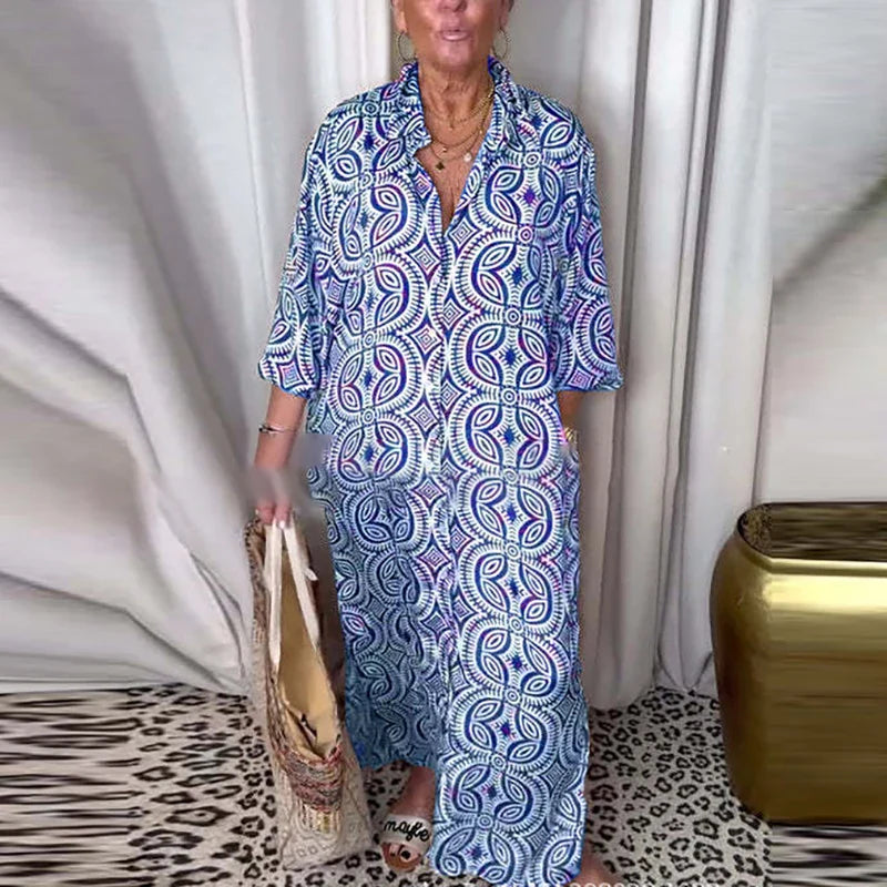 MQTIME - Casual Single Breasted Bohemian Dresses Vintage Pattern Printed Loose Shirt Dress Office Ladies Lapel Long Sleeved Party Dress