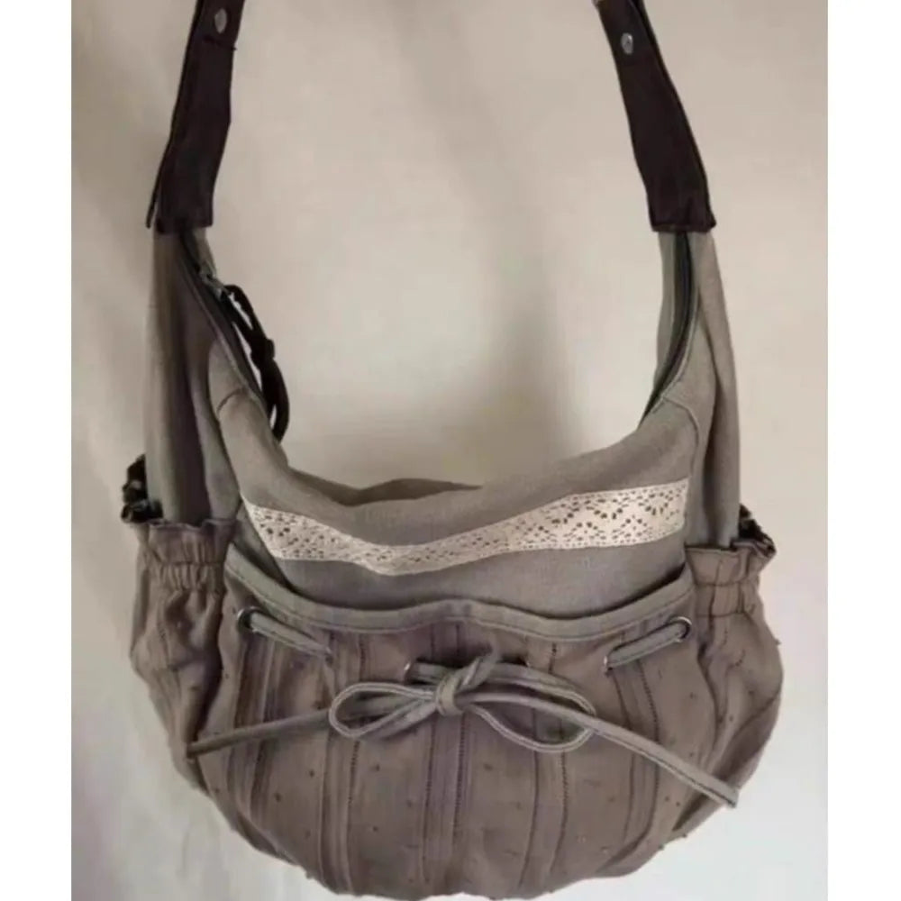 nvxiot - Sweet Cool Bow Canvas Shoulder Bags Women Vintage Drawstring Chic Casual Crossbody Bag Ladies Retro Messenger Bag Bolsos