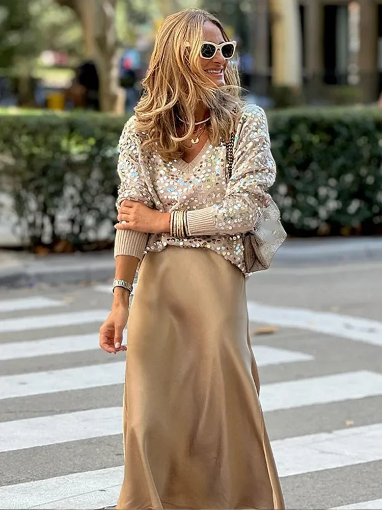 MQTIME - Women V Neck Glossy Sequins Knitted Sweater Fashion Casual V-neck Long Sleeve Pullover Top Female Fall Winter Lady Street Jumper