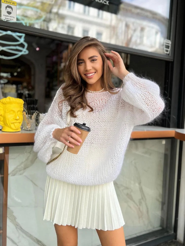 MQTIME - Fashion Women Purple Cut Out See Through Loose Knitwear Fashion O Neck Lantern Long Sleeves Pullover Casual Lady Street Jumper