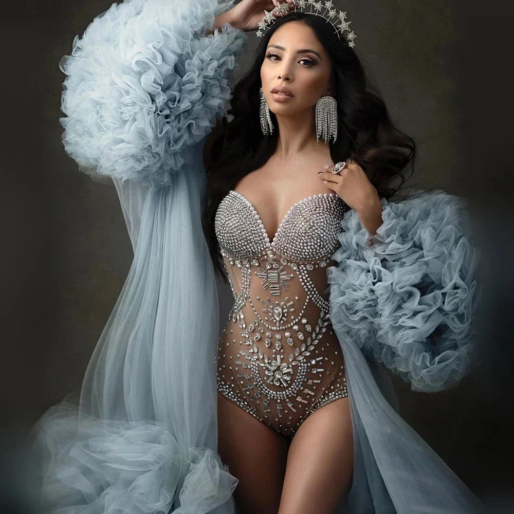 nvxiot - Maternity Photography Props Dress Sparkly Silver Rhinestones Bodysuit See Through Plus Size Pregnant Women Photo Shoot Clothing