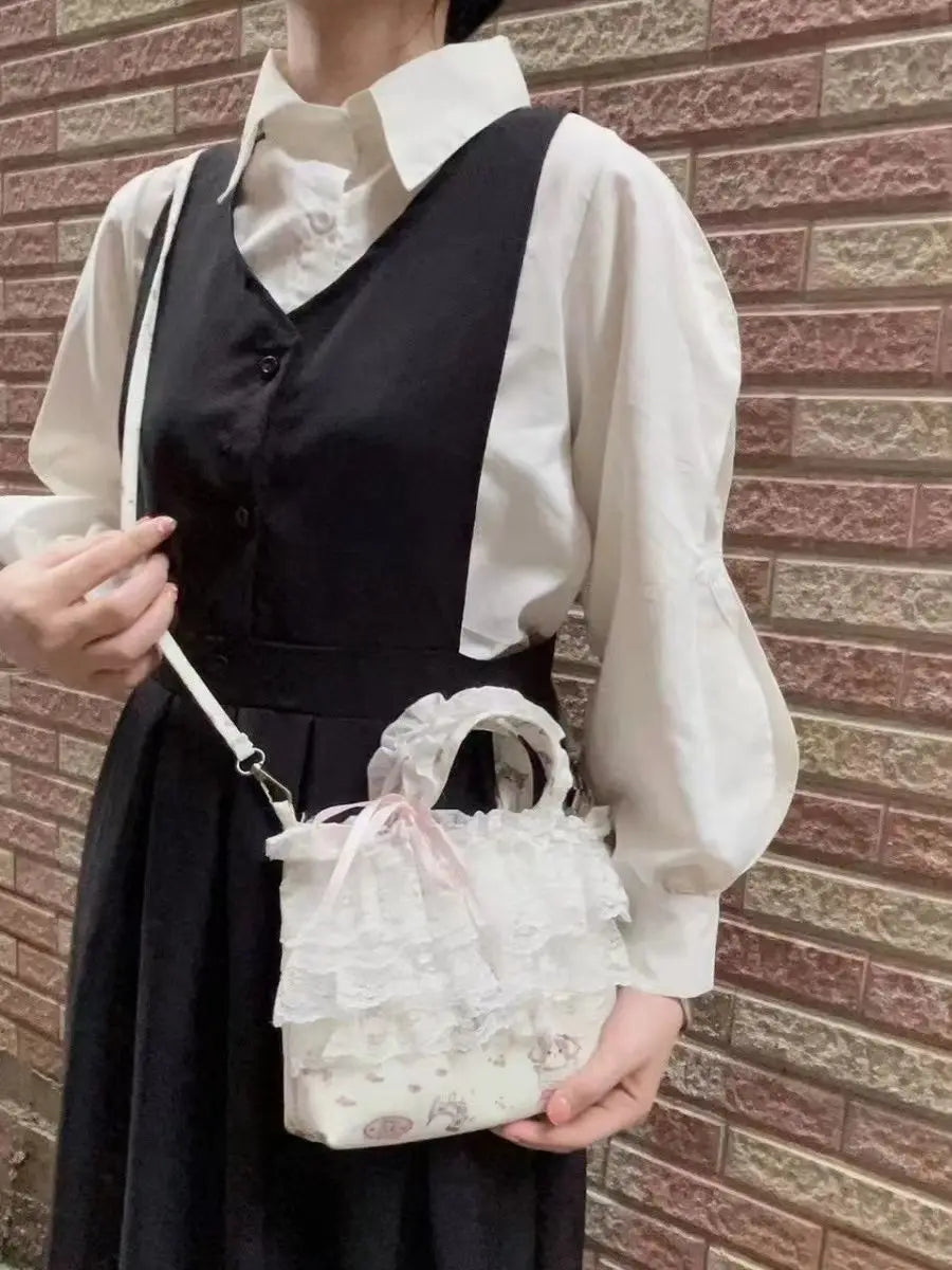 nvxiot - Sweet Lace Y2k Hand Bag Women Hot Girls Bow Cute Canvas Bucket Bag Female Harajuku Fairycore Messenger Bag Bolso Mujer