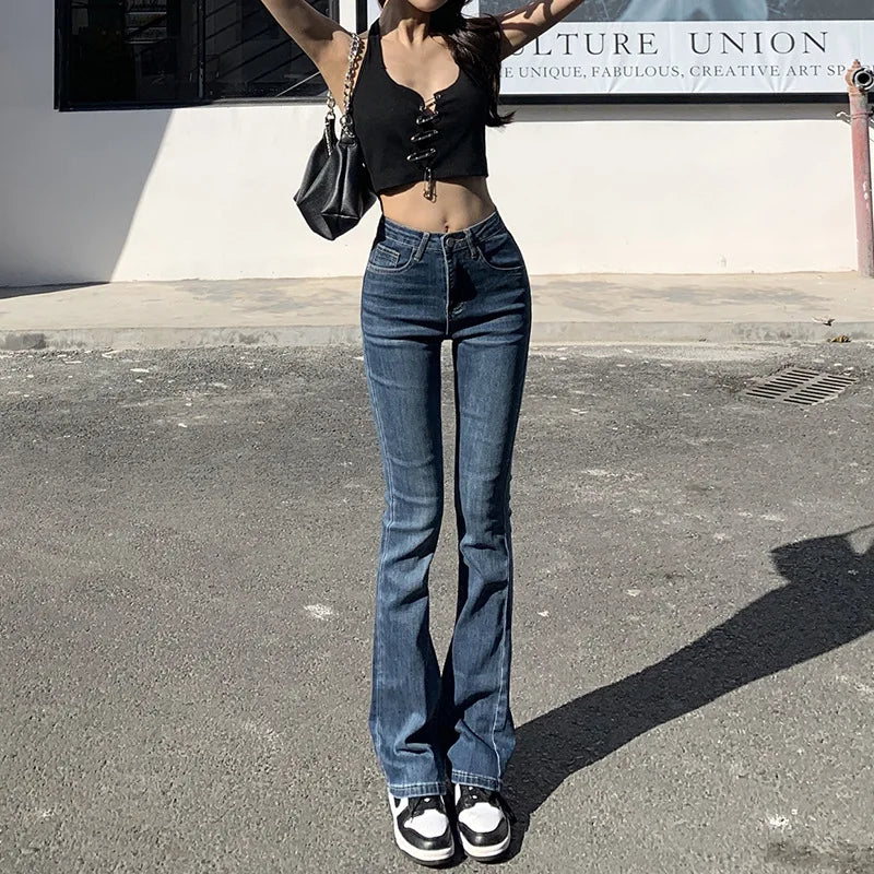 nvxiot High stretch denim flared pants women's spring and summer new slim-fit high-waisted straight jeans retro design sense pants