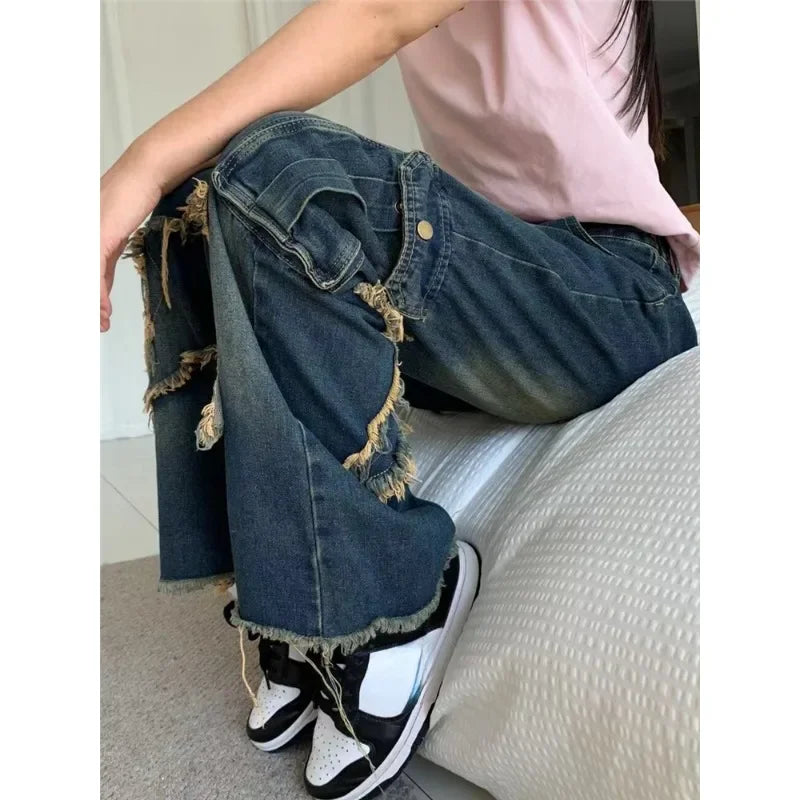 nvxiot Vintage Frayed Star Y2K Splicing Casual Jeans Women Winter New High Waist Distressed Washed Loose Denim Wide Leg Pants