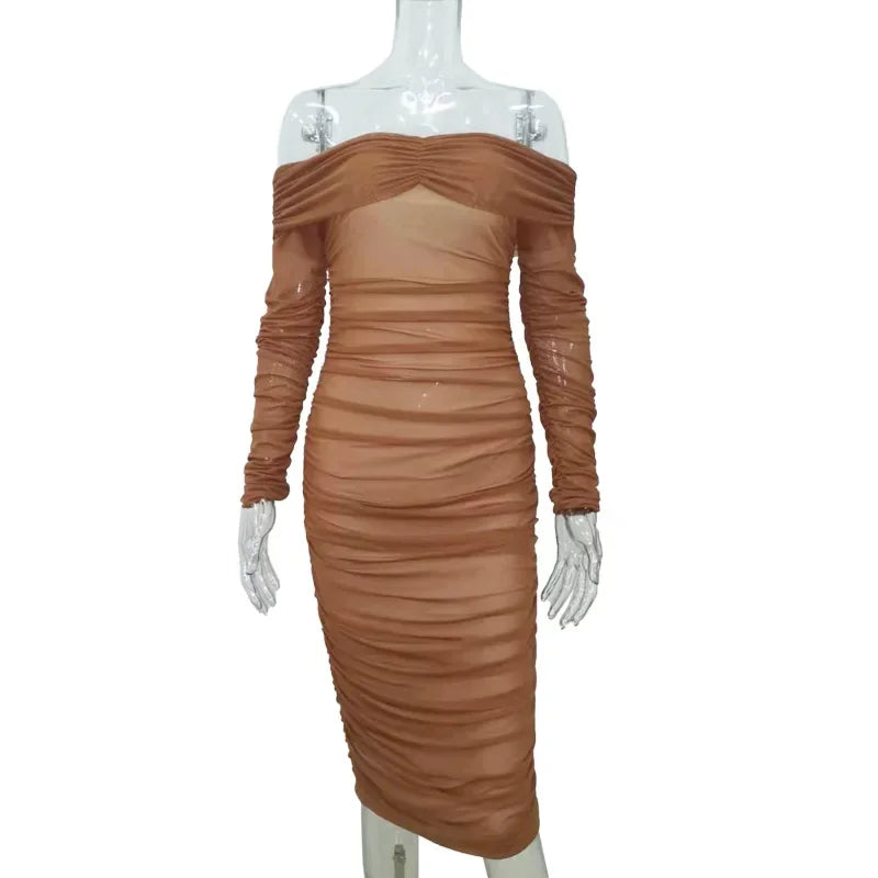 nvxiot - 2024 Spring Lady Elegant Sheer Layer Off Shoulder Chic Ruched Party Evening Sheath Bodycon Dress Maternity Pregnancy Dress