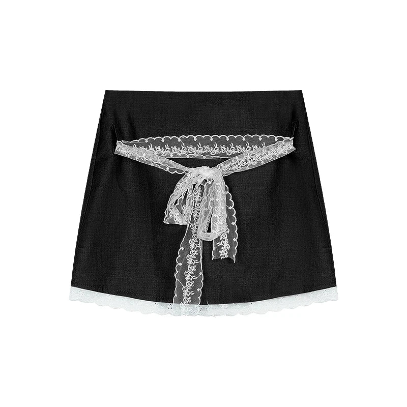 MQTIME - Black Hip Wrap Mini Skirt Women Kawaii Lace Patchwork High Waist A-line Skirt Summer Fashion Korean Style Cutecore Skirt