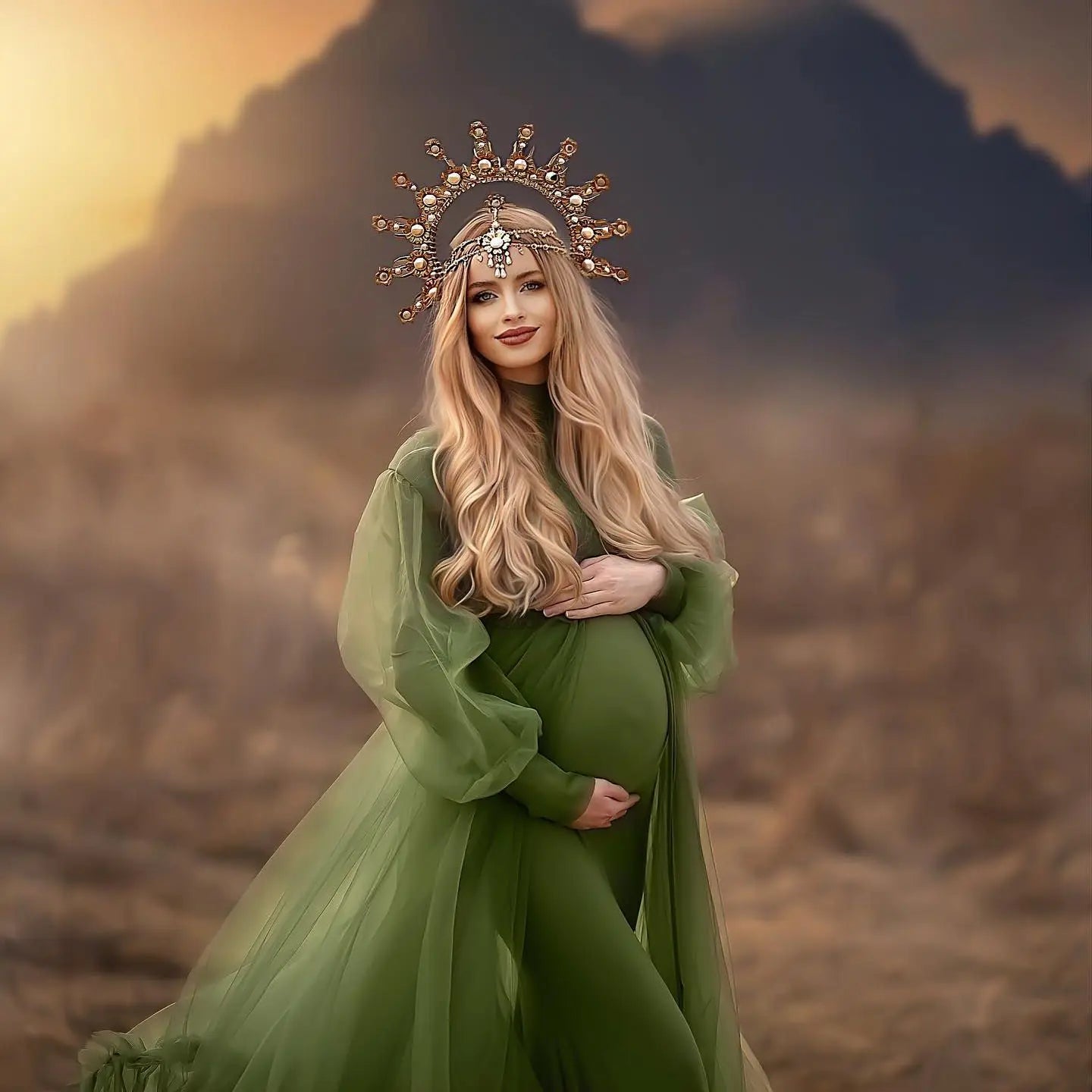 nvxiot - Modest Green Mermaid Maternity Dress for Photoshoot High Neck Pregnant Women Photography Dresses Long Sleeve Babyshower Gowns