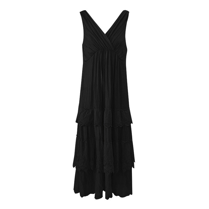 nvxiot Elegant Chic Tiered Maxi Dress V-neck Backless Rayon Beige Summer Lace Ruffles Holiday Women Casual Ladies Dresses New