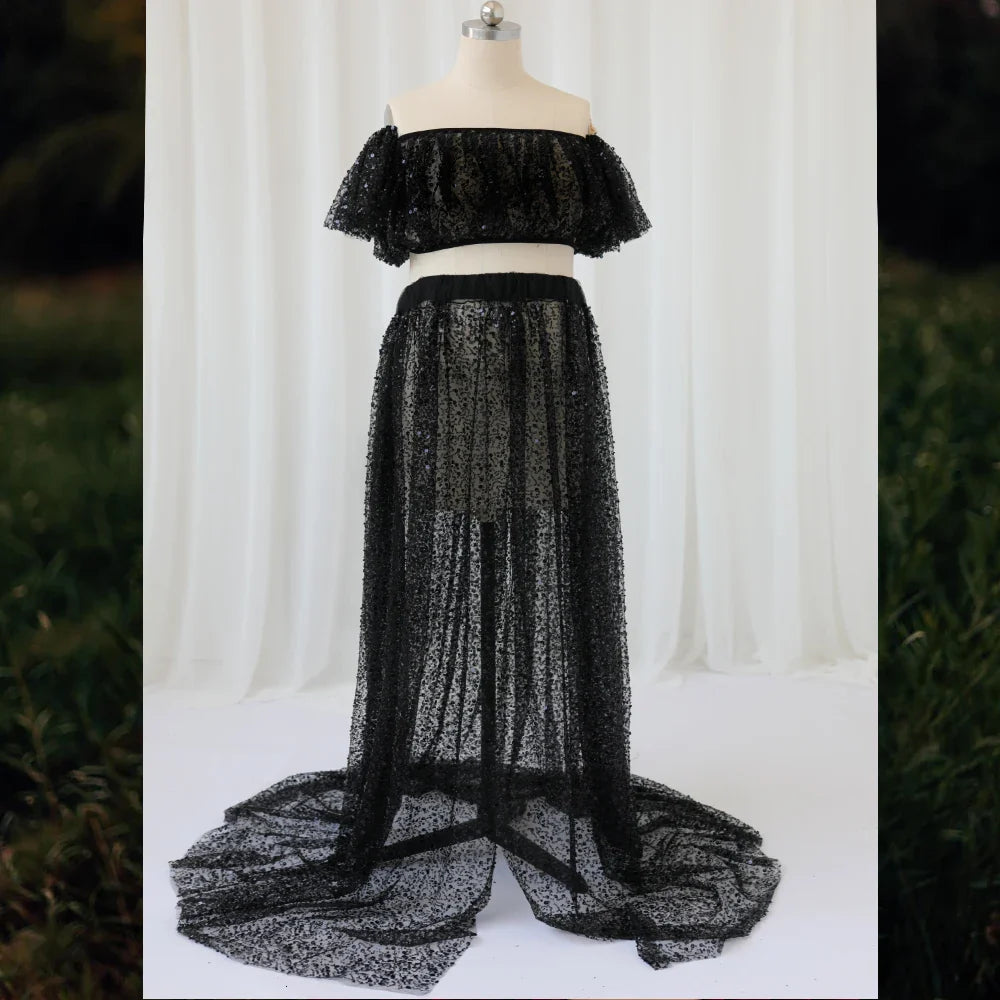 nvxiot - Pregnant Women Photography Dress Transparent Mesh Studded Pearl Sequin Two-Piece Set Maternity Photography Props Dress