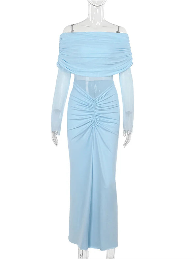 nvxiot - Pleated Mesh Off-Shoulder Maxi Dress Female See-Through Patchwork High Waist Fashion Gown Dress Women's Solid Long Dress