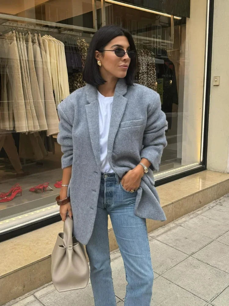 MQTIME - Elegant Single Breasted Woolen Blend Jacket Fashion Women Lapel Long Sleeve Blazer 2024 New Lady Casual Street Commute Outwears