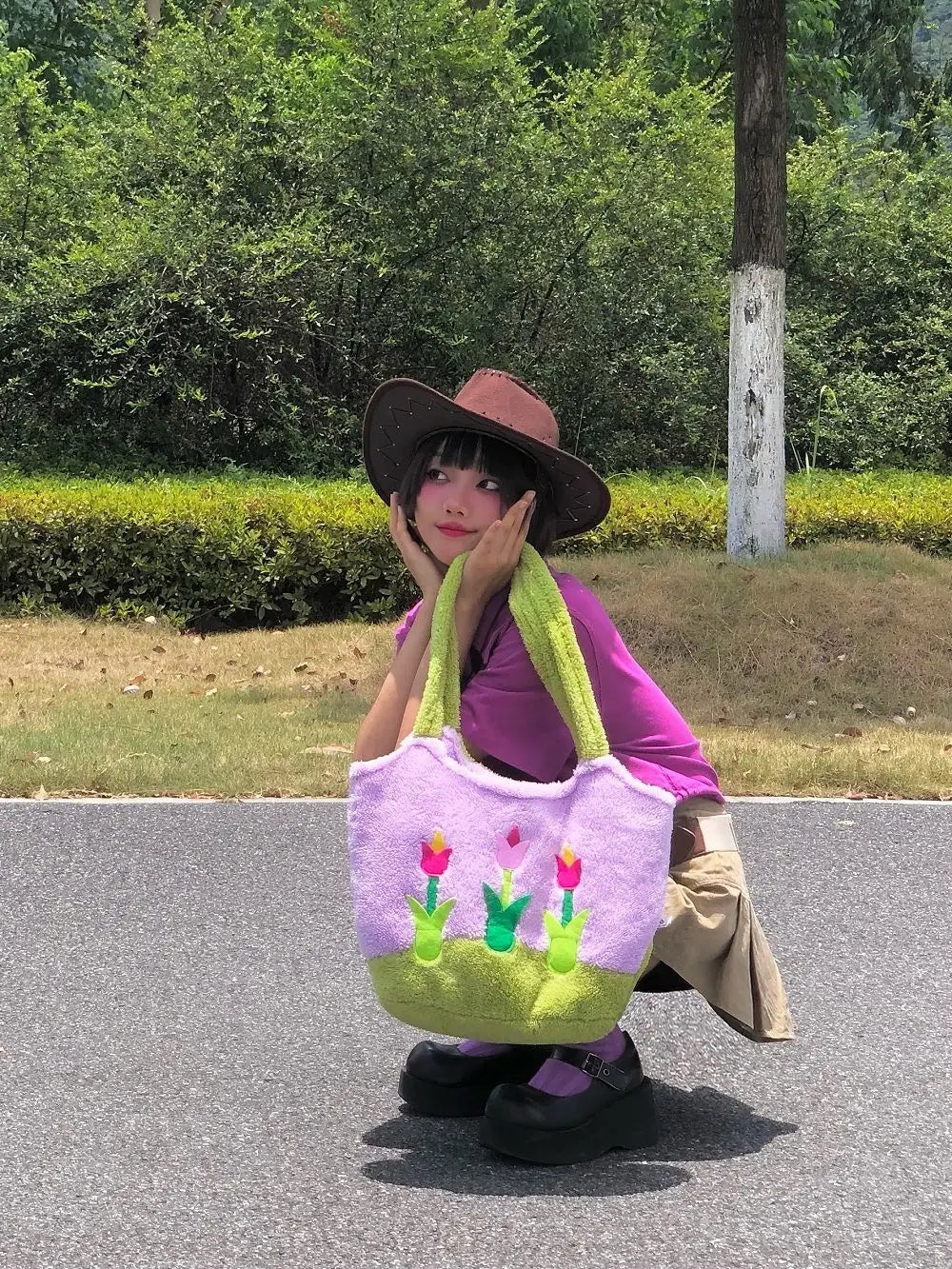 nvxiot - Floral Plush Y2k Handbag Women New Summer Vintage Fur Soft Chic Casual Mini Tote Bags Ladies Harajuku Cute Shoulder Bag