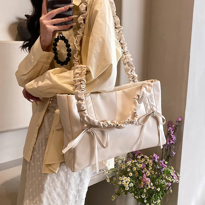 nvxiot - Pink Blue White Bow Pu Handbags Fashion Simple Big Capacity Casual Shoulder Bags For Women Trendy Daily Party Tote Handbags 2024