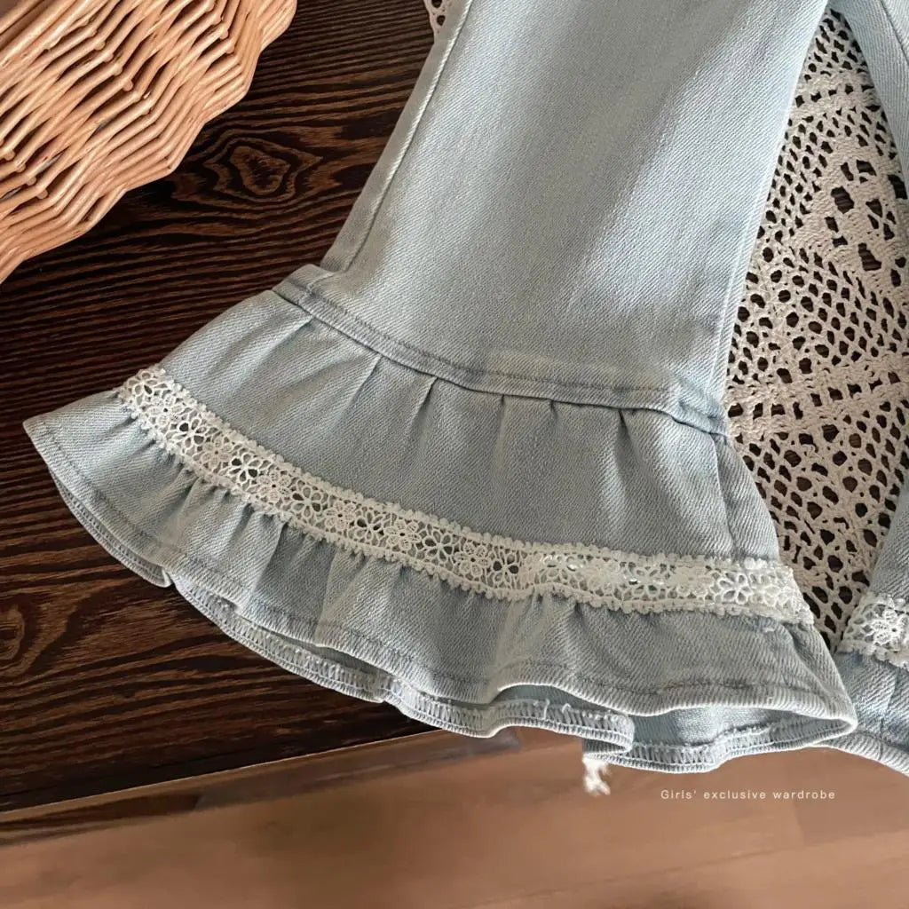 MQTIME - 2024 Spring Children Girl 2PCS Clothes Set Lace Collar Floral Printed Shirt Solid Vintage Hem Denim Flared Pant Baby Girl Outfit