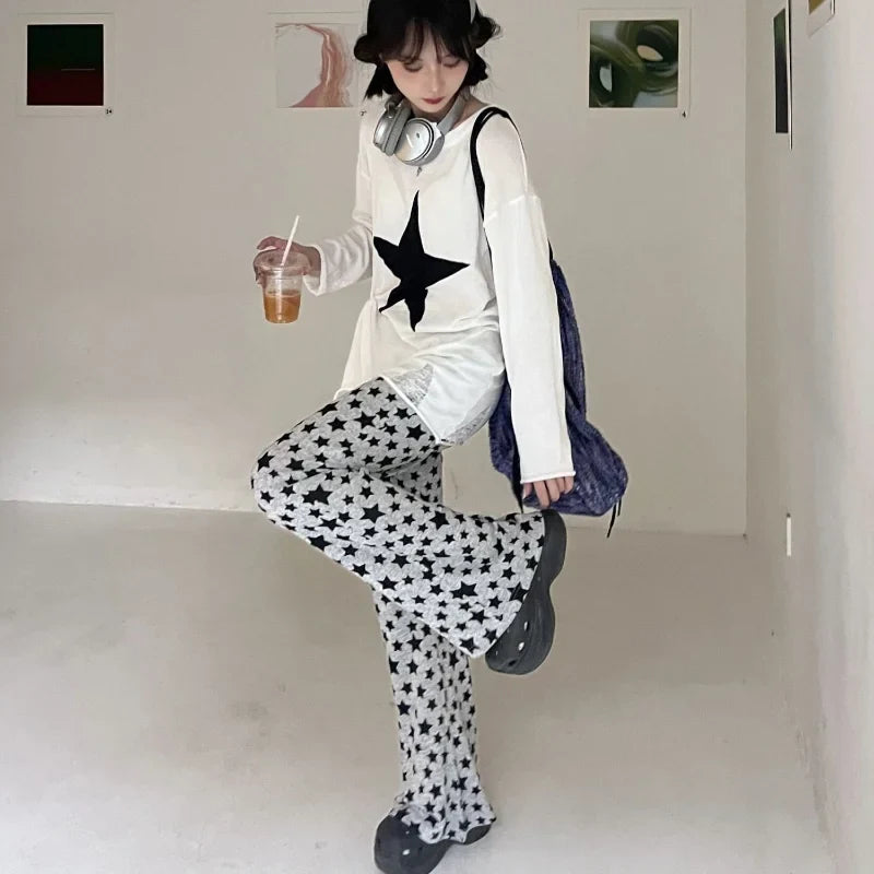 nvxiot - Star Print Flared Pants Women New Fashion Loose Drape High Waist Casual Pants American Retro Trend Striped Wide leg Pants