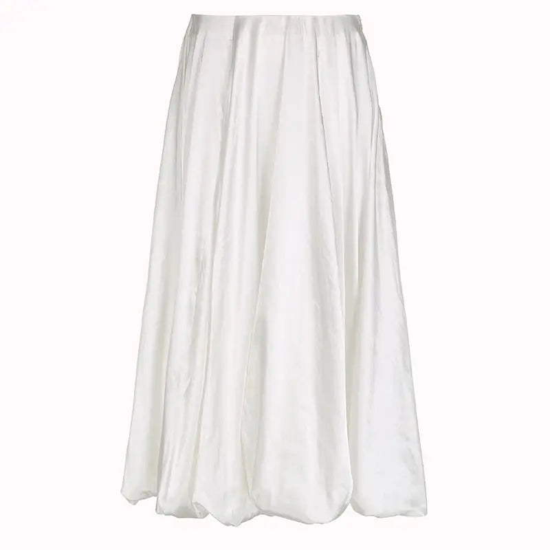 MQTIME - Vintage High Waist Satin Silhouette Outline Flower Bud A-line White Skirt Spring Loose Casual Fluffy Long Skirts for Women