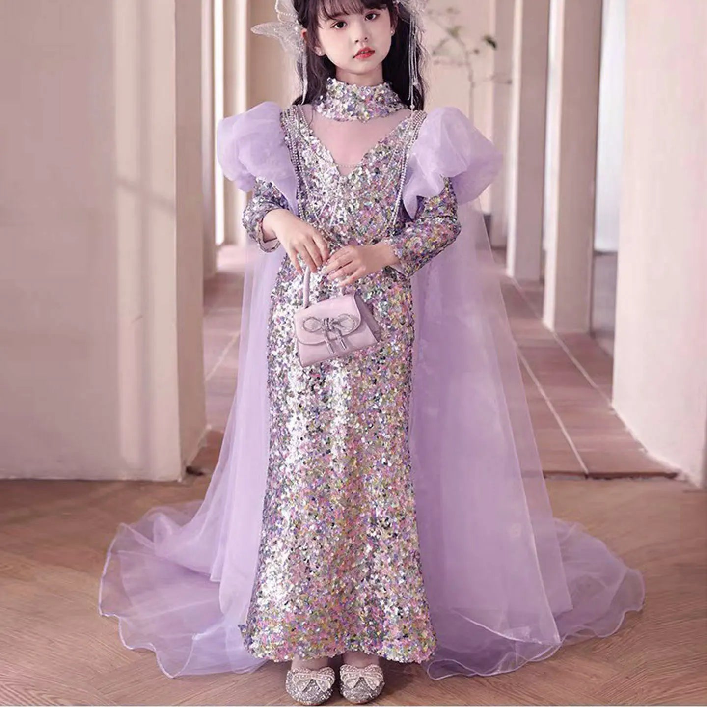 MQTIME - Shiny Lilac Girl Dress Sequined with Cap Kids Princess Gown for Birthday Wedding Holy Communion Party Honors Day J076