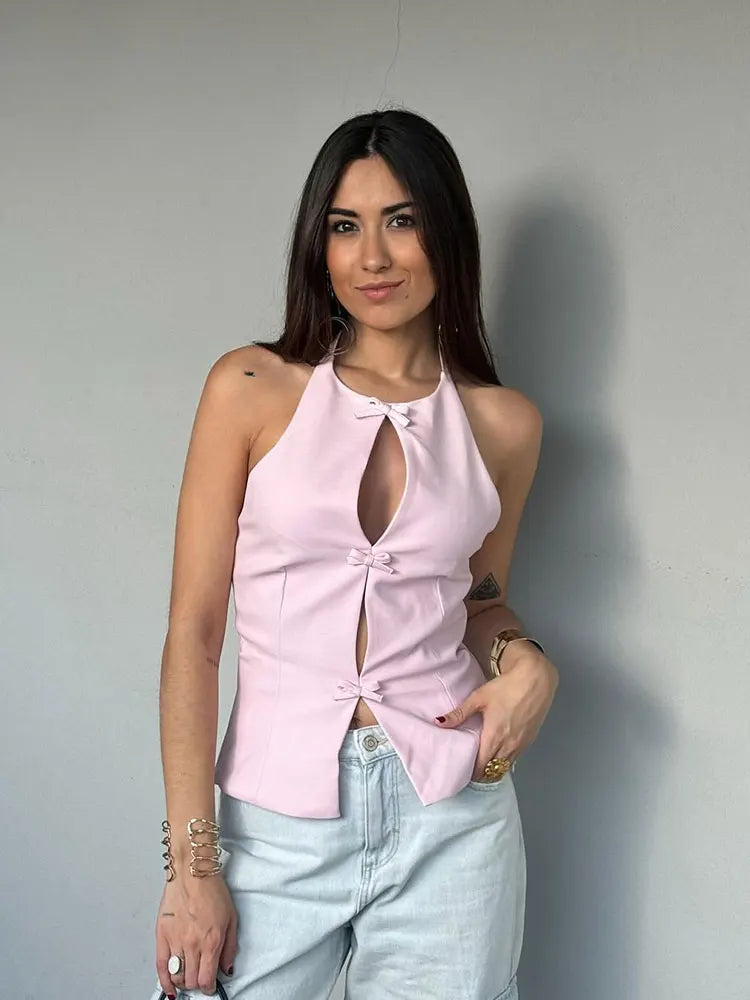 MQTIME - 2024 Summer Women's Gentle Bow-trimmed Vest Tops Halterneck Solid Off-shoulder Sleeveless O Neck Elegant Chic Tank Tops