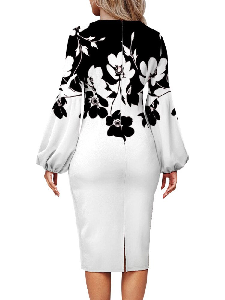 nvxiot Fashion Floral Print Dress Women Elegant O Neck Long Sleeve Party Robes Bodycon Lantern Sleeves African Printed Vestidos Autumn