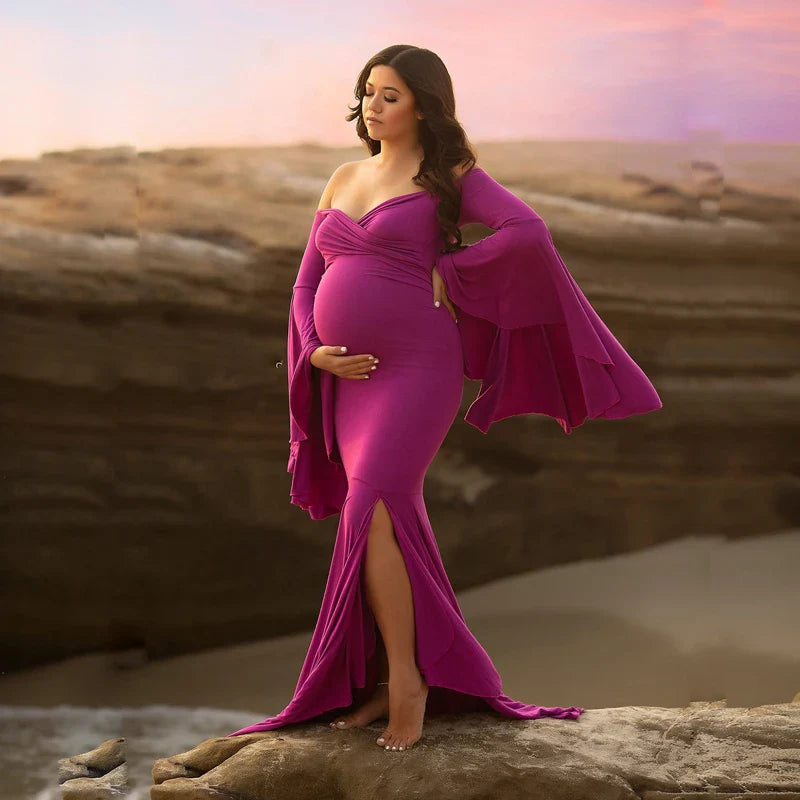nvxiot - Silk Cotton Maternity Photography Dresses Solid V-neck Ruffle Edge Sleeve Taildress Long Soft Cozy High Waisted Retro Long Dress
