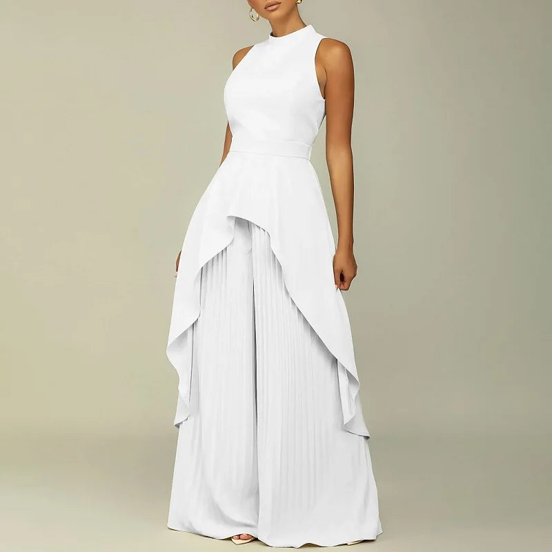 nvxiot Women Solid Color Irregular Top And Pleated Trousers Two Piece Set Vintage Streetwear Female Pleated Wide Leg Pants Fashion Suit