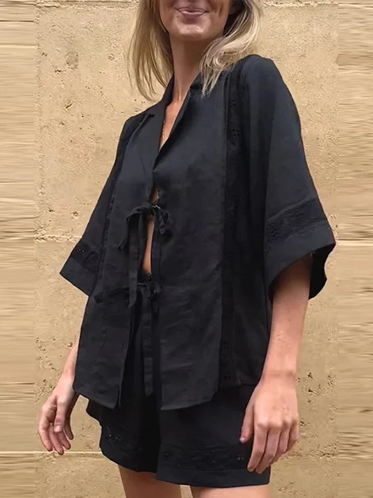 MQTIME - Embroidered Shorts Suit Women 2 Piece Set Hollow Out Lapel Casual Short Sleeve Shirt Sets 2024 Summer Lady Commuter Beach Outfit