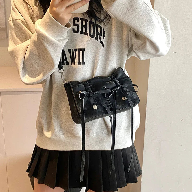 nvxiot - 2024 Korean Fashion Fold Bow Handbags Small Square Shoulder Bags For Women Black White Pink Silver Trendy Daily Shopping HandBag