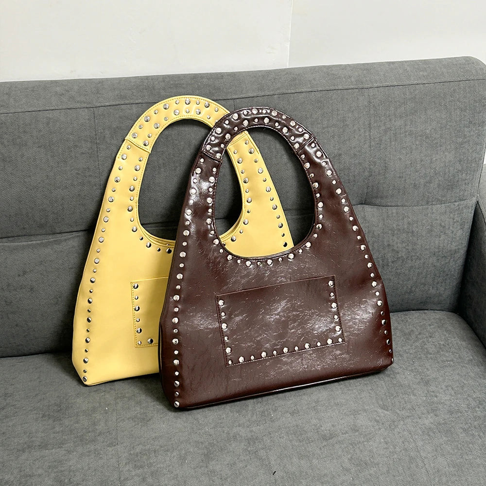 nvxiot - 24 new retro rivet decorative shoulder bag European and American motorcycle wind oil wax leather armpit handbag for women