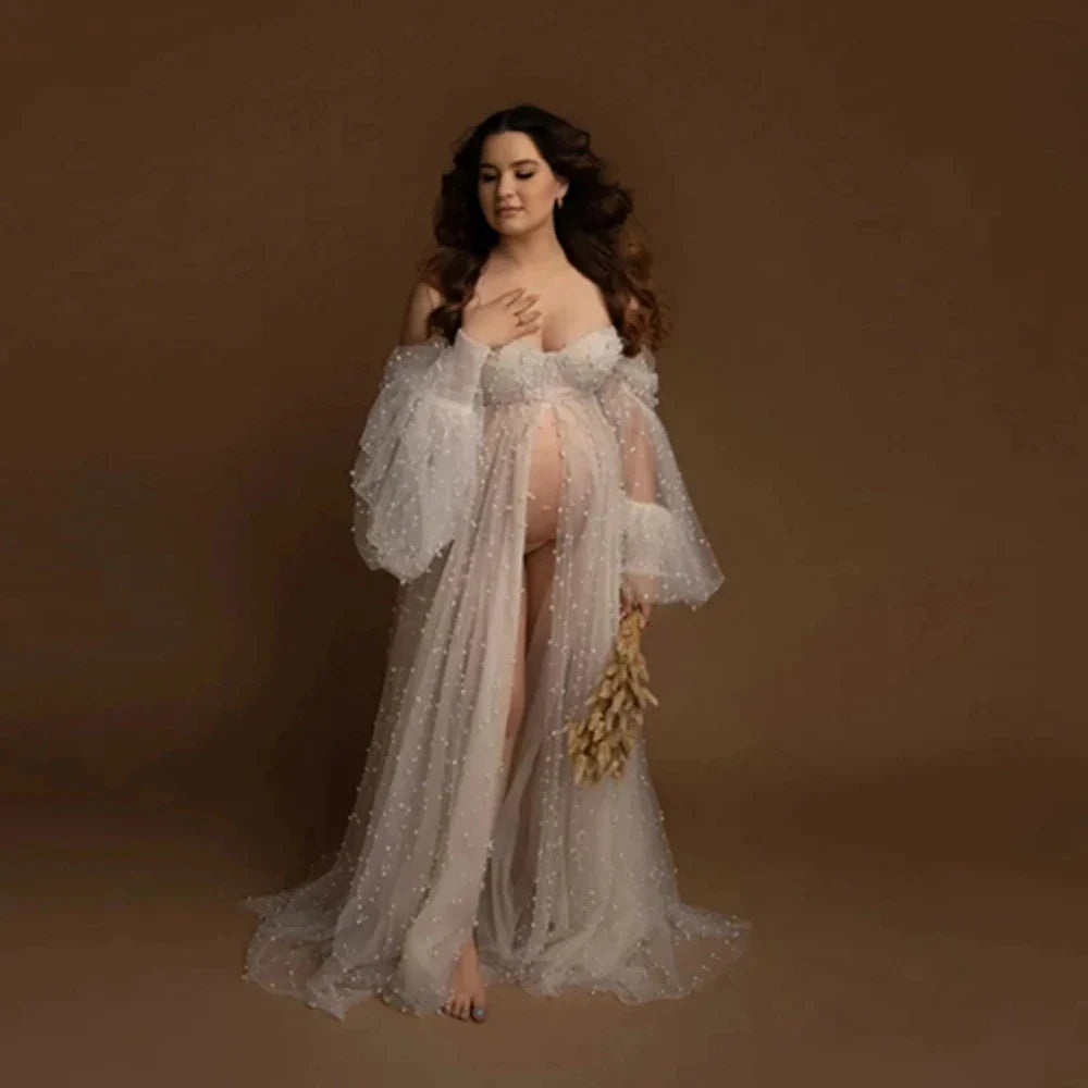 nvxiot - Maternity Pearl Dress Gown Maternity Pregnancy Tulle Dresses For Photo Shoot Clothes