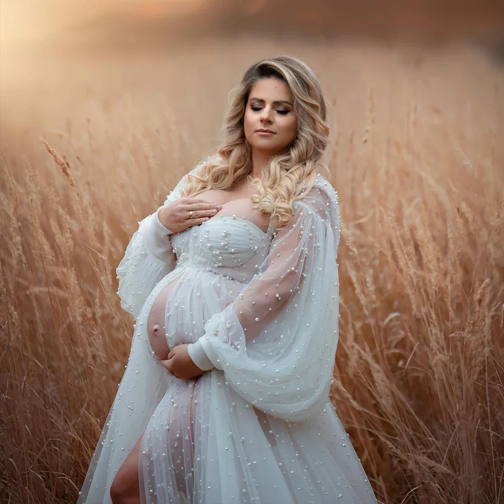 nvxiot - Pearl White Maternity Dress Photography Props Off Shoulder Maternity Photography Clothing Baby shower Gown Photo Shoot Pregnant