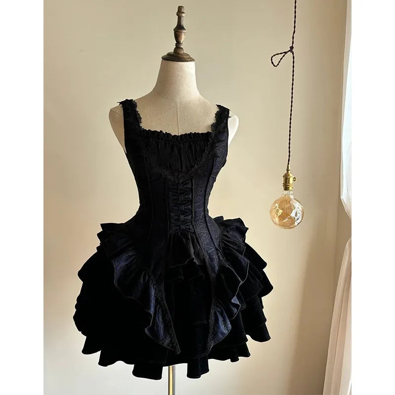 MQTIME - Retro Hepburn Wind Black Sling Fishbone Waist Trimming Ruffles Dress