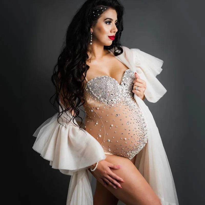nvxiot - Sexy Luxury Pregnant Photography Bodysuit Heavy Industry Embroidery Water Diamond Pearl Maternity Clothing See-through Blouses