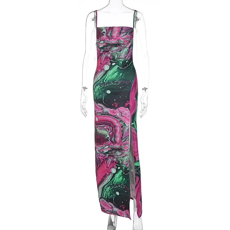 nvxiot - The New 2024 Summer Fashion Print Slim-fit Split Halter Top Strapless Dress Beach Style For Club For Party